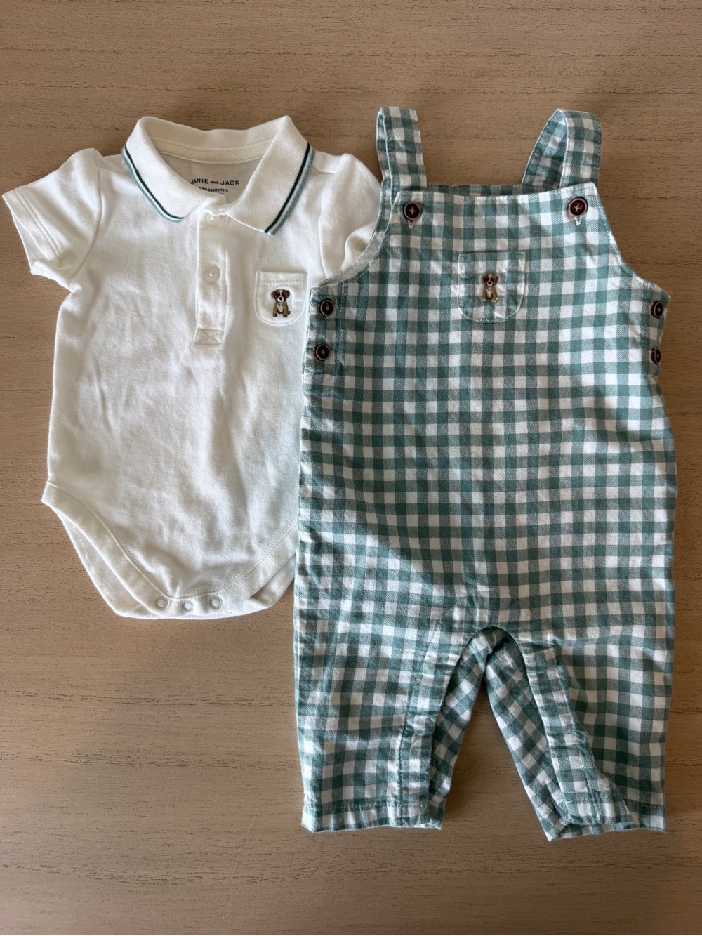 Janie and Jack Green Gingham Overalls with White Polo Bodysuit Set 0-3 Months